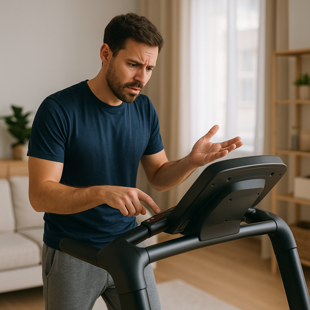 man looking at a treadmill with confused expression