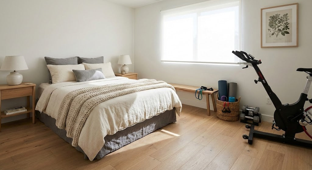 Image of a home gym and guest room with exercise bike and accessories