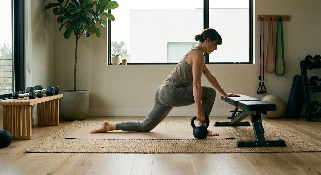 woman strength training in home gym