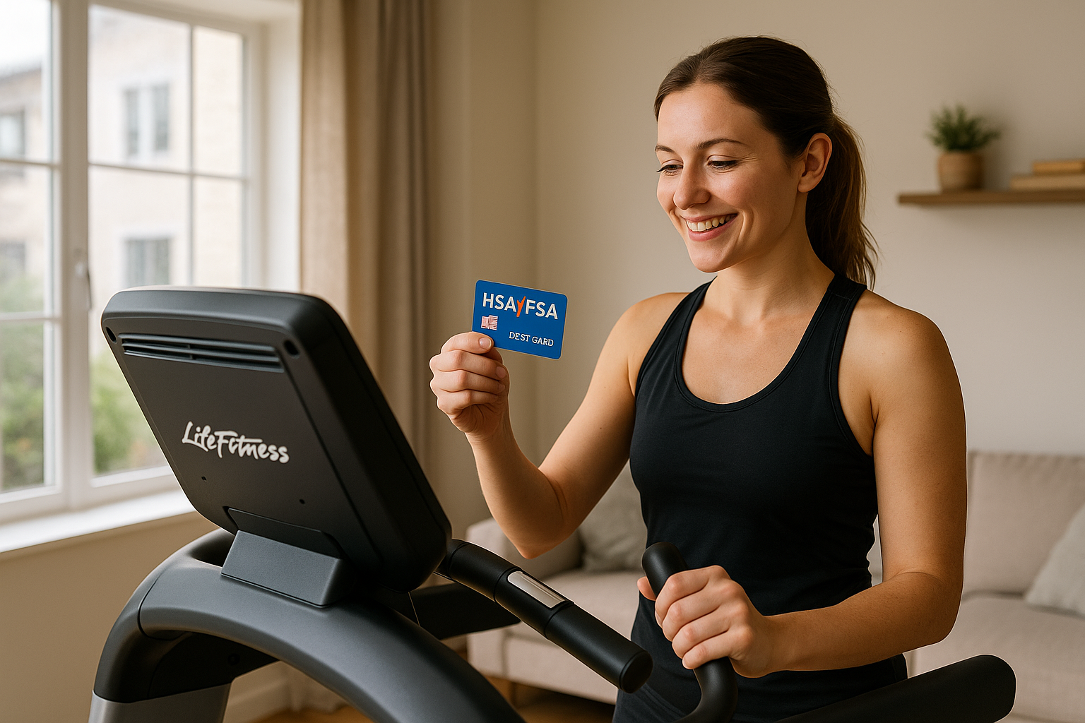 woman on life fitness treadmill with HSA/FSA card