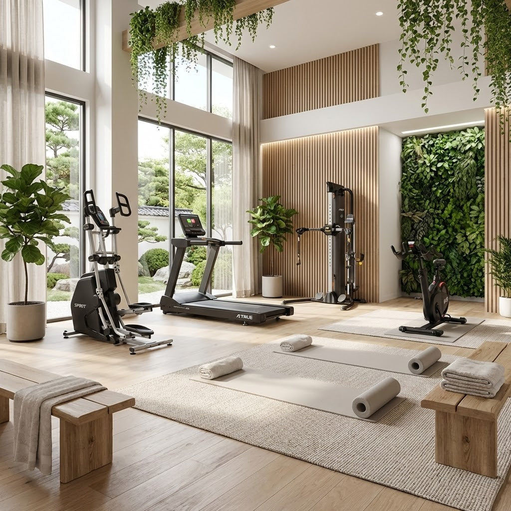 Image of a corporate commercial gym with spirit vertical climber, true treadmill, hoist functional trainer, and life fitness indoor cycling bike