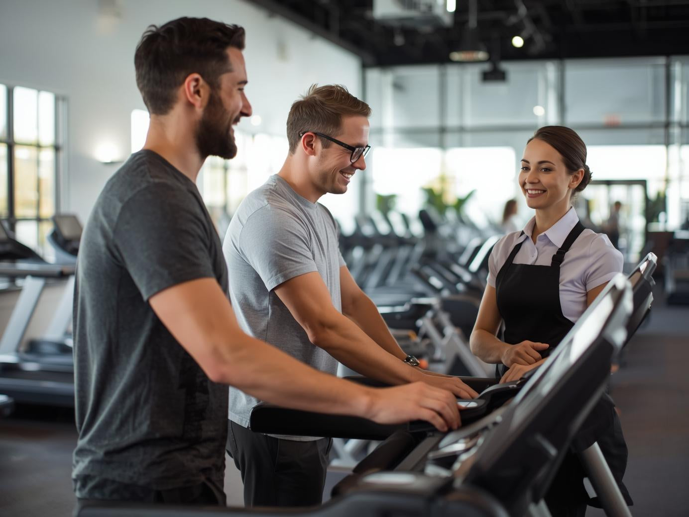 people testing treadmills with helpful worker