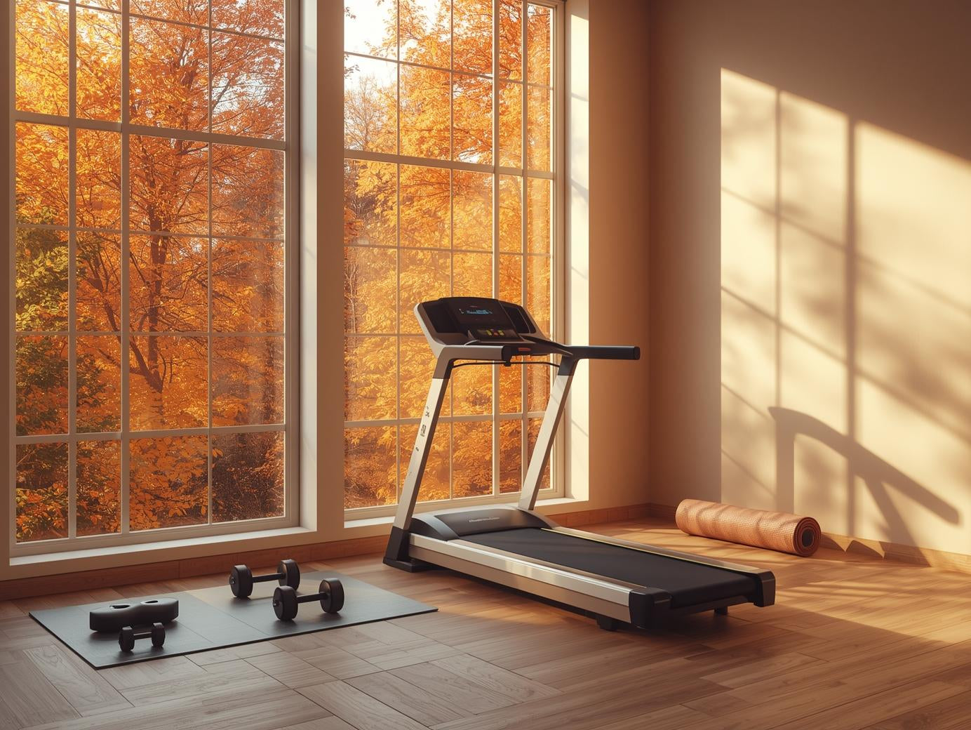 fall trees in window and home gym