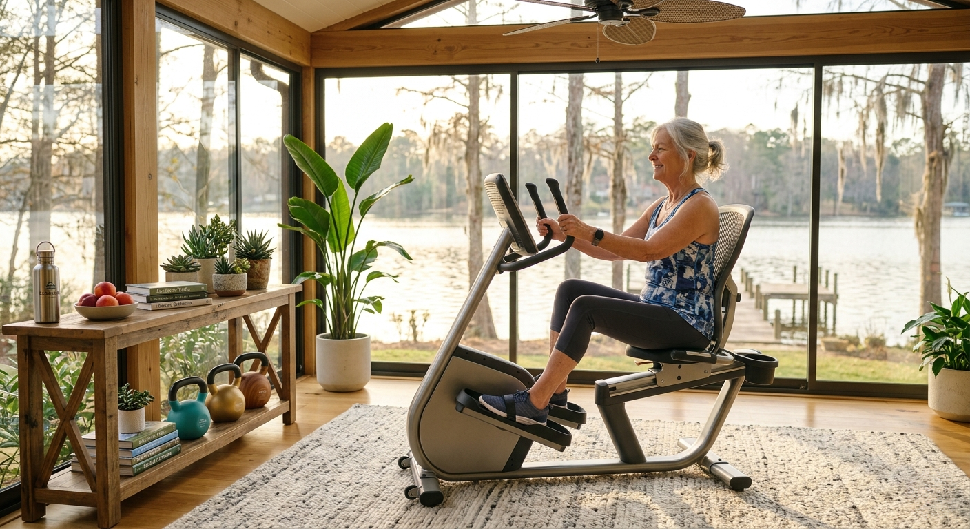 Older adult comfortably using a recumbent bike in a bright, welcoming home gym space 