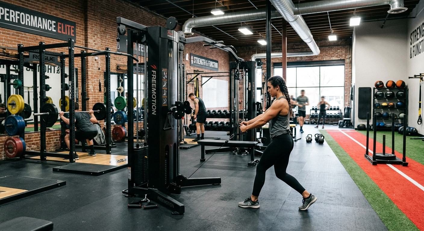  Performance-focused gym space with functional trainer and strength equipment, athletic feel 