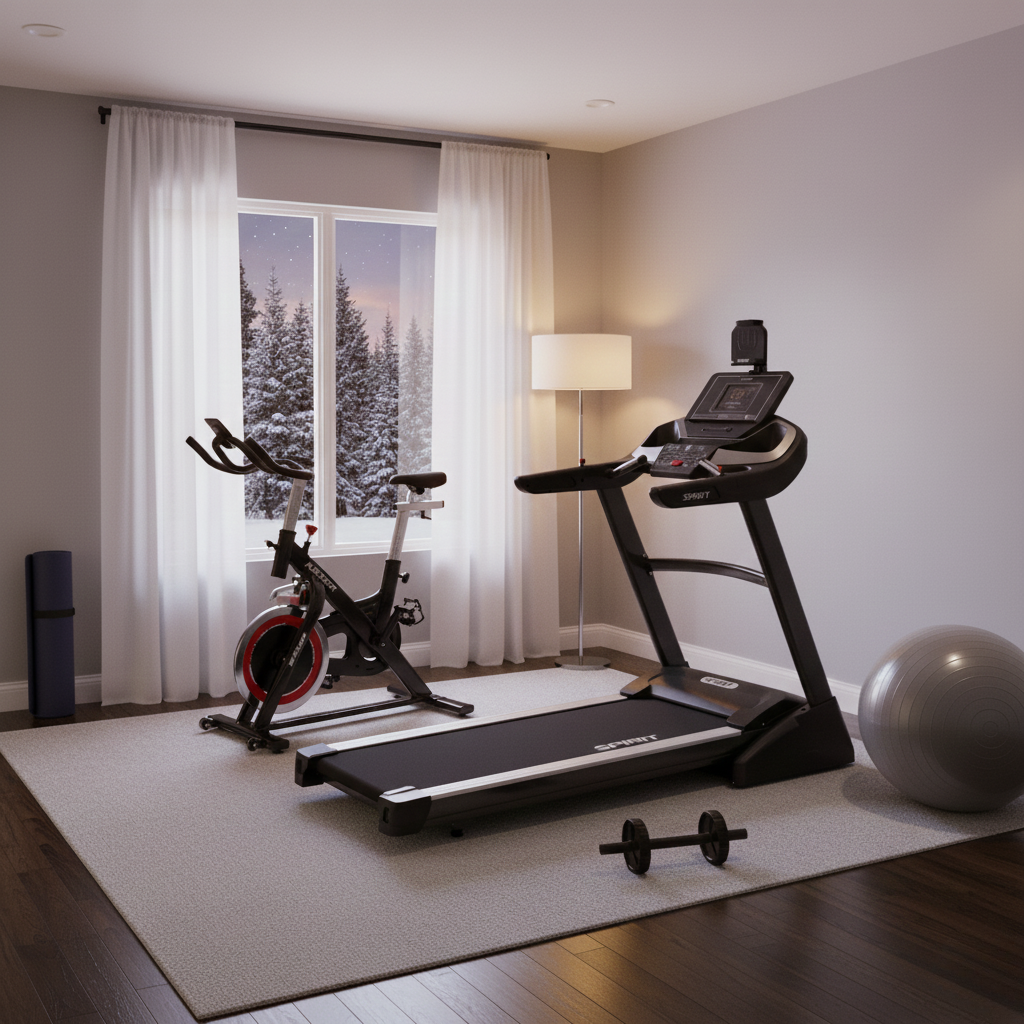 treadmill, bike, in winter home gym