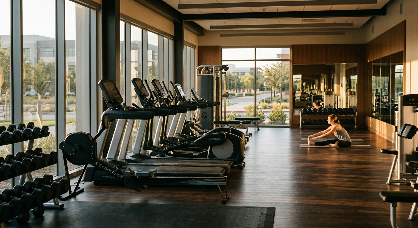Corporate Gym with an individual stretching in the background