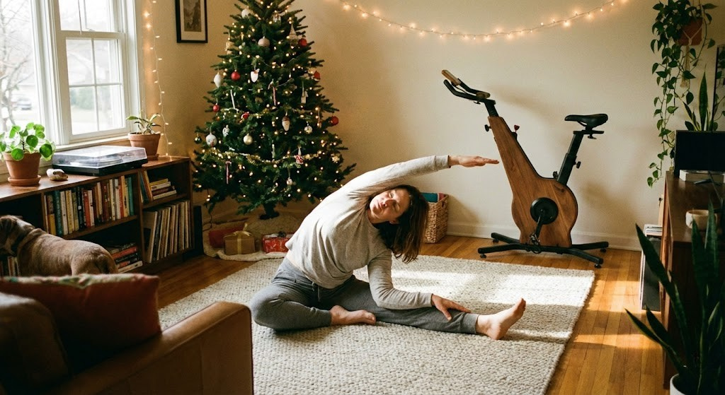 woman stretching with exercise bike in back