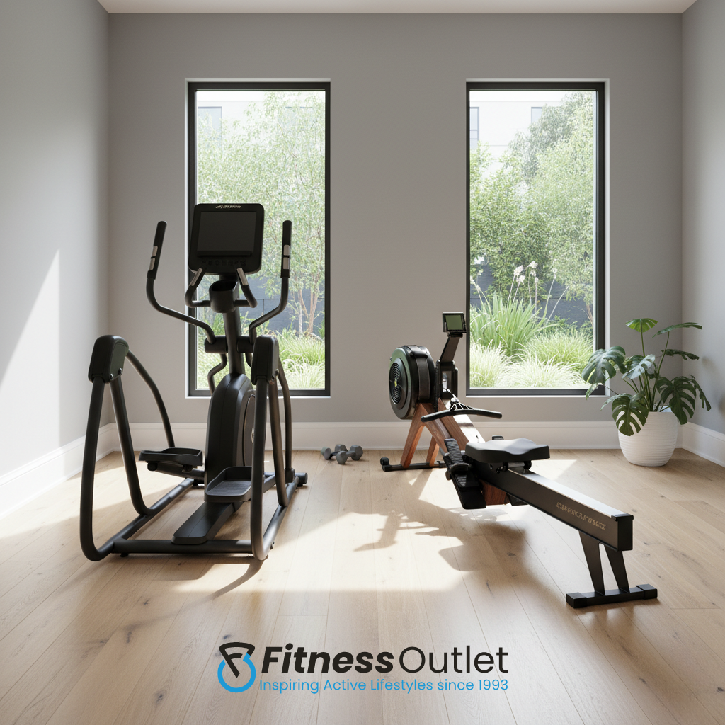 rower and elliptical in a home gym
