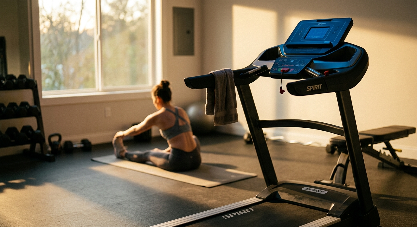Spirit XT685 Treadmill in the foreground in a warm lit home gym.