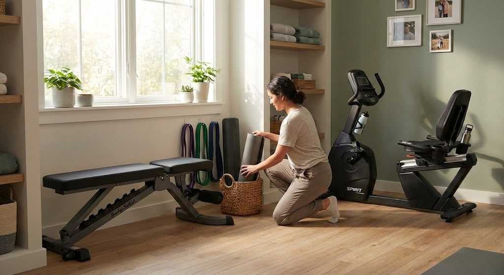 Image of person spring cleaning in home gym with recumbent bike, bench, exercise tools.