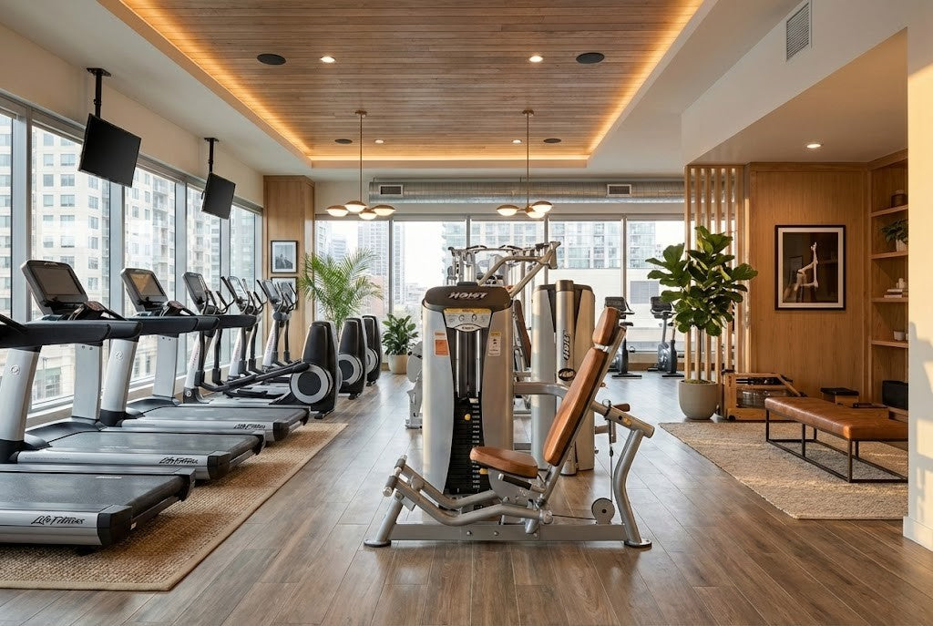 Image of hoist, life fitness, and waterrower equipment in nice commercial gym