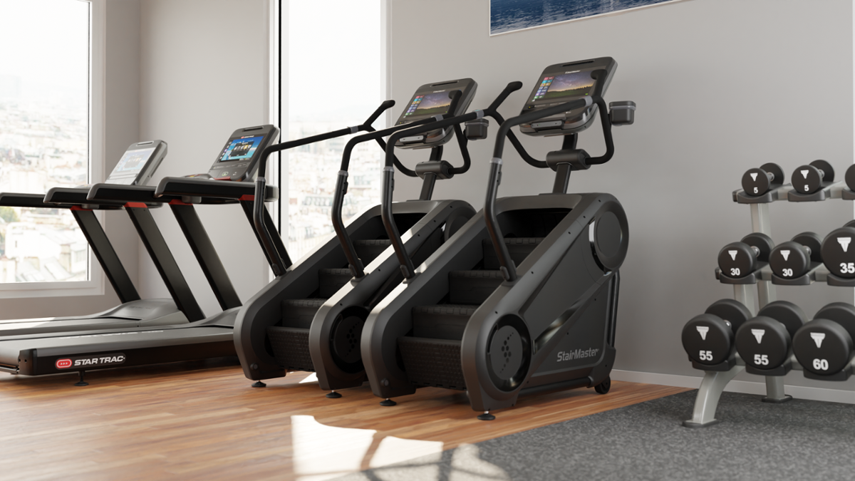 Stairmasters, treadmill, and weights in gym