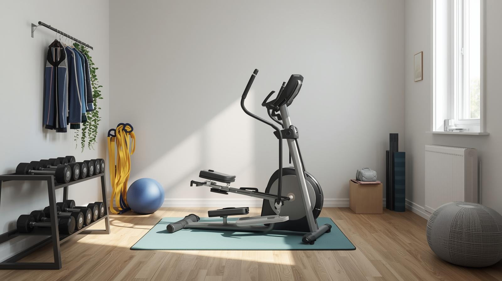home gym with elliptical and workout tools
