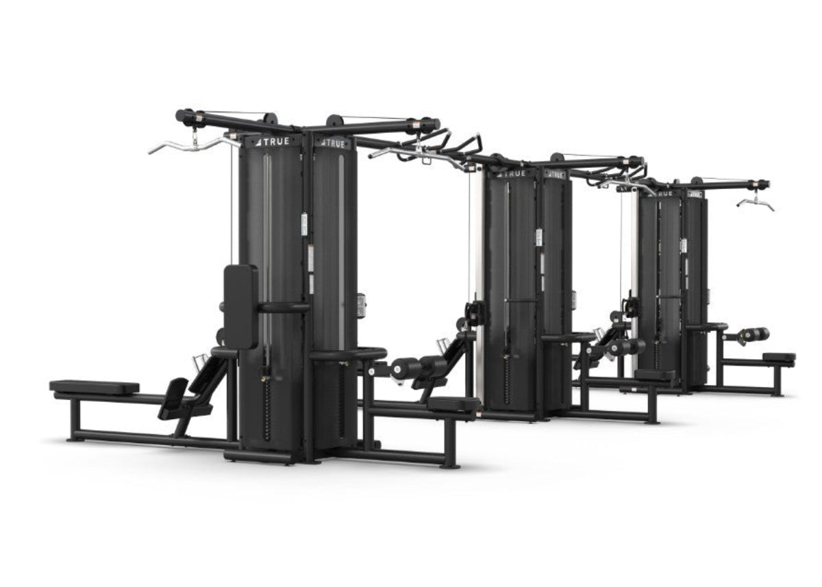 True Fitness TMS12000 3 Modular Frames With Dual Cable Crossovers (TMS12000 Shown with Optional Lat Pull Downs, Vertical Columns, Seated Rows and Shrouds)