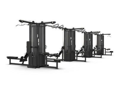 True Fitness TMS16000 4 Modular Frames With Triple Cable Crossovers (TMS16000 Shown with Optional Lat Pull Downs, Vertical Colums, Seated Rows and Shrouds)