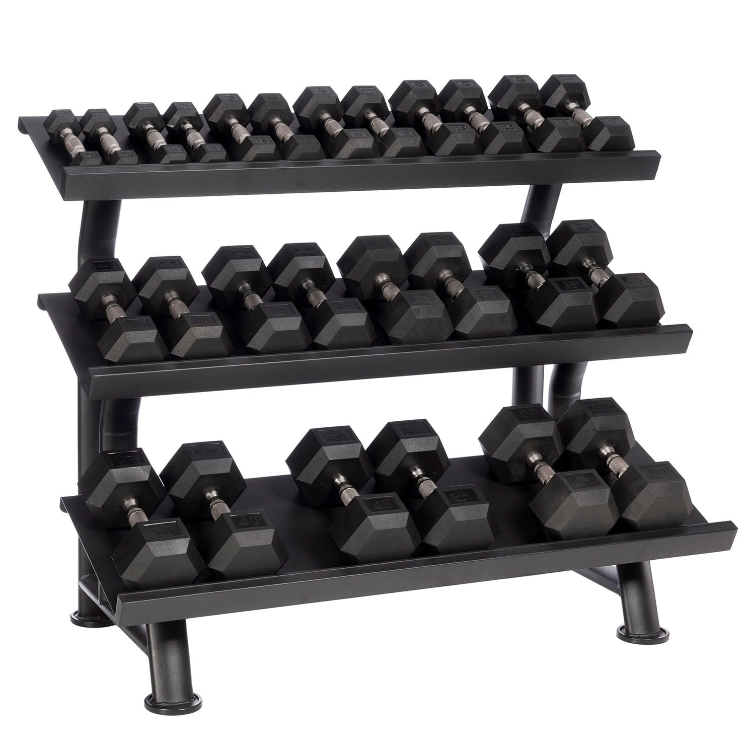 Hampton Urethane Dura-Bell 13 Pair Horizontal Racking Dumbbell Set (2.5 - 50 lbs in 2.5 & 5 lb increments) with one 3T-FLT Rack
