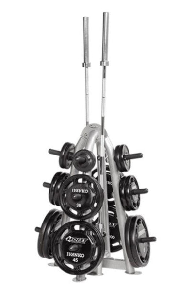 Hoist CF 3444 Commercial Four Sided Olympic Plate Tree shown with Optional Olympic Bar Holders CF-OPT-02 - Maximum 2 per unit (sold separately) & Optional Olympic Bar & Weight Plates (Sold Separately)