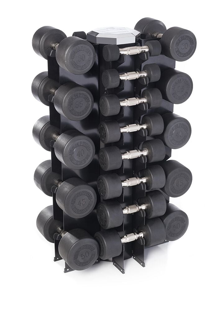 Hampton Dura-Pro Dumbbells 13 Pair Set (2.5 - 50 lb in 2.5 & 5 lb increments) with Vertical Racking Club Pack - Fitness Outlet 
