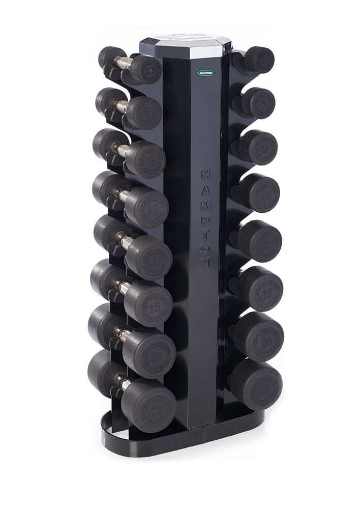 Hampton Dura-Pro Dumbbells 8 Pair Set (2.5 - 25 lbs in 2.5 lb increments) with Vertical Racking Club Pack