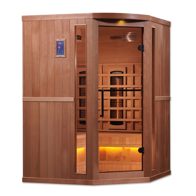 Golden Designs 3-Person Corner Full Spectrum PureTech™ Near Zero EMF FAR Infrared Sauna with Himalayan Salt Bar (Canadian Hemlock)
