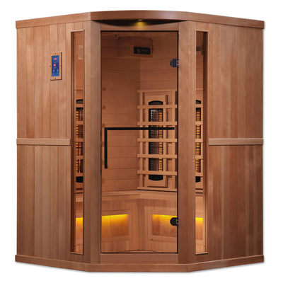 Golden Designs 3-Person Corner Full Spectrum PureTech™ Near Zero EMF FAR Infrared Sauna with Himalayan Salt Bar (Canadian Hemlock)