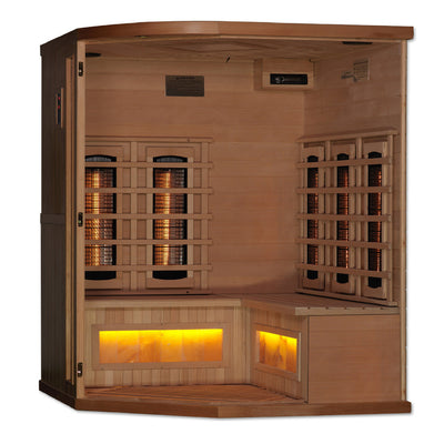 Golden Designs 3-Person Corner Full Spectrum PureTech™ Near Zero EMF FAR Infrared Sauna with Himalayan Salt Bar (Canadian Hemlock)