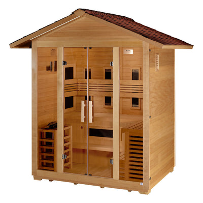 Golden Designs "Gargellen" 5 Person Hybrid (PureTech™ Full Spectrum IR or Traditional Stove) Outdoor Sauna - Canadian Hemlock