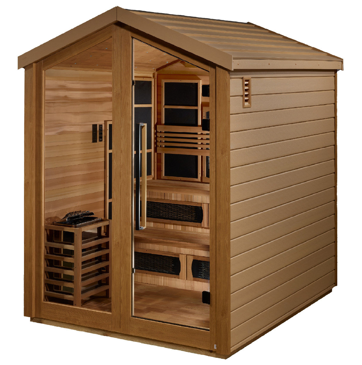 Golden Designs Kaskinen 6 Person Hybrid (PureTech Full Spectrum IR or Traditional Stove) Outdoor Sauna (GDI-8526-01) - Canadian Red Cedar Interior