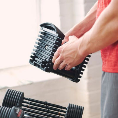 PowerBlock Pro 50 Set Dumbbell (5-50lbs) shown with Optional Stand - SOLD SEPARATELY