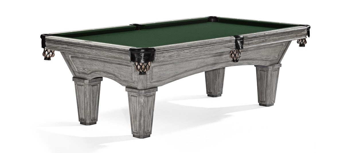 Brunswick 8 ft. Glenwood Pool Table Shown in Rustic Grey with Tapered Legs and Shield Pockets