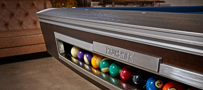 Brunswick 8 ft. Gold Crown VI Pool Table Shown in Skyline Walnut/Espresso with Nickel Trim