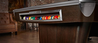 Brunswick 8 ft. Gold Crown VI Pool Table Shown in Skyline Walnut/Espresso with Nickel Trim