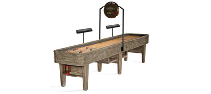 Brunswick Andover II Shuffleboard Table Shown in Driftwood Finish and Optional Light Set and Scorer